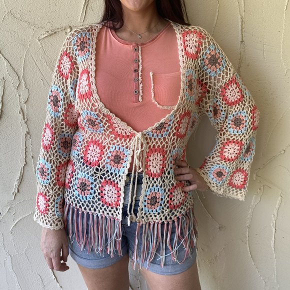 Pol Tie Front Floral Pattern Crochet Vest with Scalloped Edge main image 0